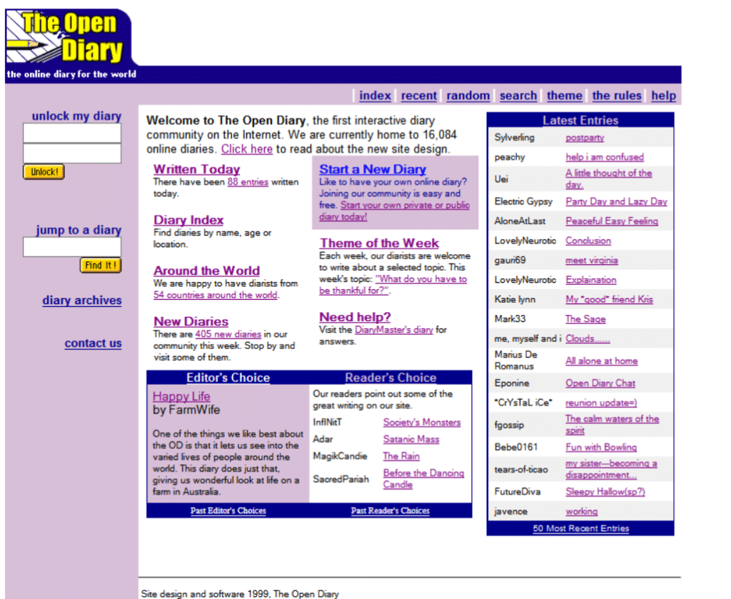 Open Diary Homepage nel 1998 Storia del blog