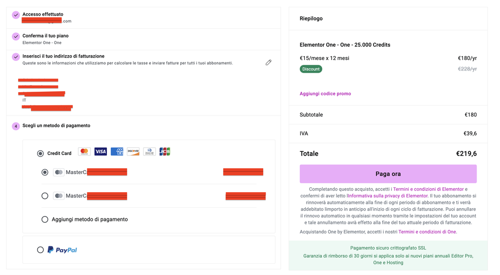Acquisto piano Elementor Onel Checkout