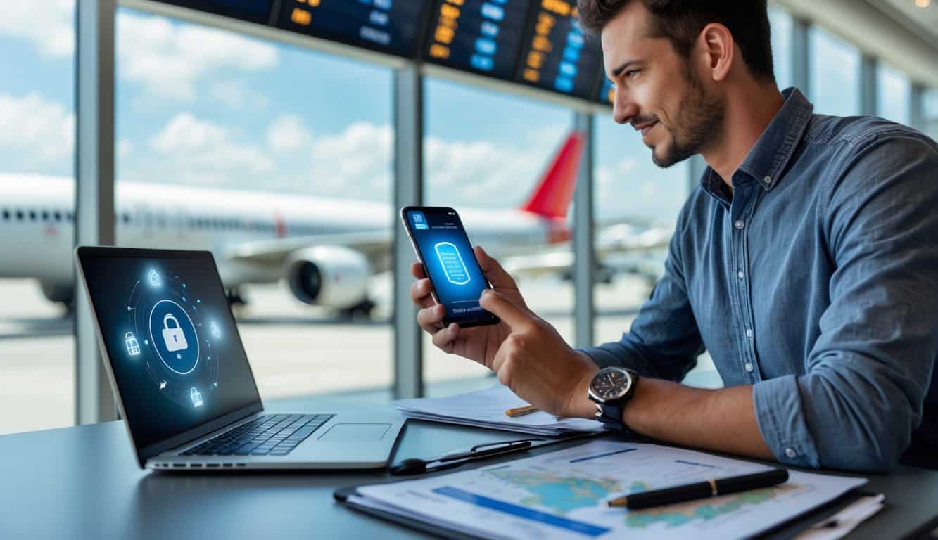 Viaggiatore seduto in un aeroporto che utilizza uno smartphone con interfaccia eSIM, con aerei visibili attraverso le grandi finestre.
