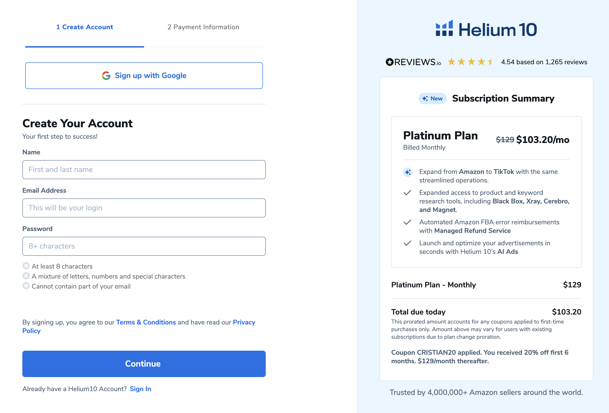 checkout helium 10 acquisto piano