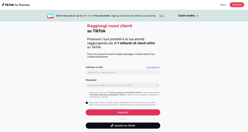 Creazione Account TikTok Ads Manager Coupon